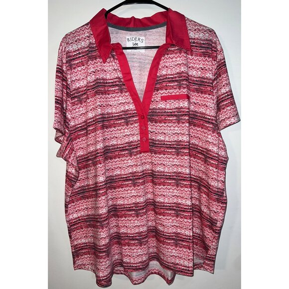 Riders by Lee Tops - Riders By Lee Women's 3X Short Sleeve Red & Pink Striped Button-Up Polo Shirt
